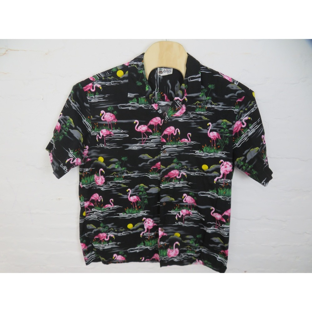 Vtg Aloha Republic Shirt Mens 2XL Black Hawaiian Flamingo Aloha Made Hawaii USA